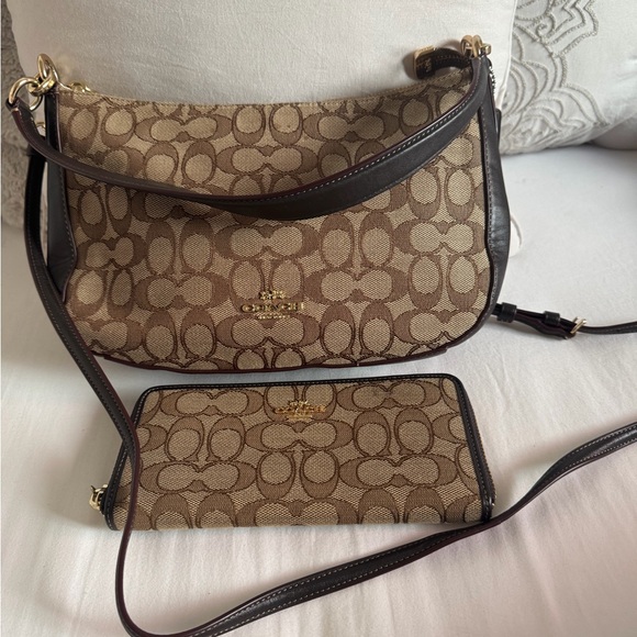 Coach Handbags - Coach Tan and Brown Signature Shoulder Bag with Wallet NWOT